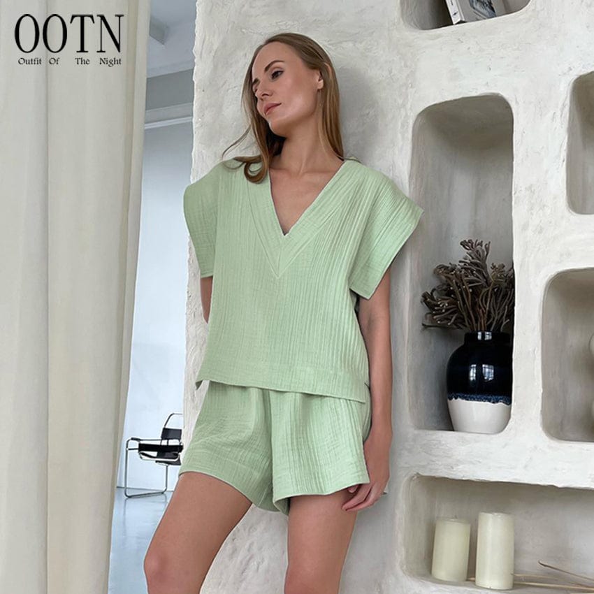 OOTN 2023 Summer V-Neck Nightgowns With Shorts 2 Piece Pajama Suits Green Cotton Short Sleeve designer pajama sets for women