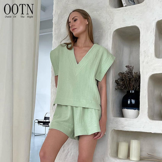 OOTN 2023 Summer V-Neck Nightgowns With Shorts 2 Piece Pajama Suits Green Cotton Short Sleeve designer pajama sets for women