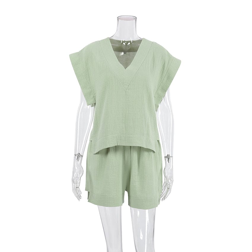 OOTN 2023 Summer V-Neck Nightgowns With Shorts 2 Piece Pajama Suits Green Cotton Short Sleeve designer pajama sets for women