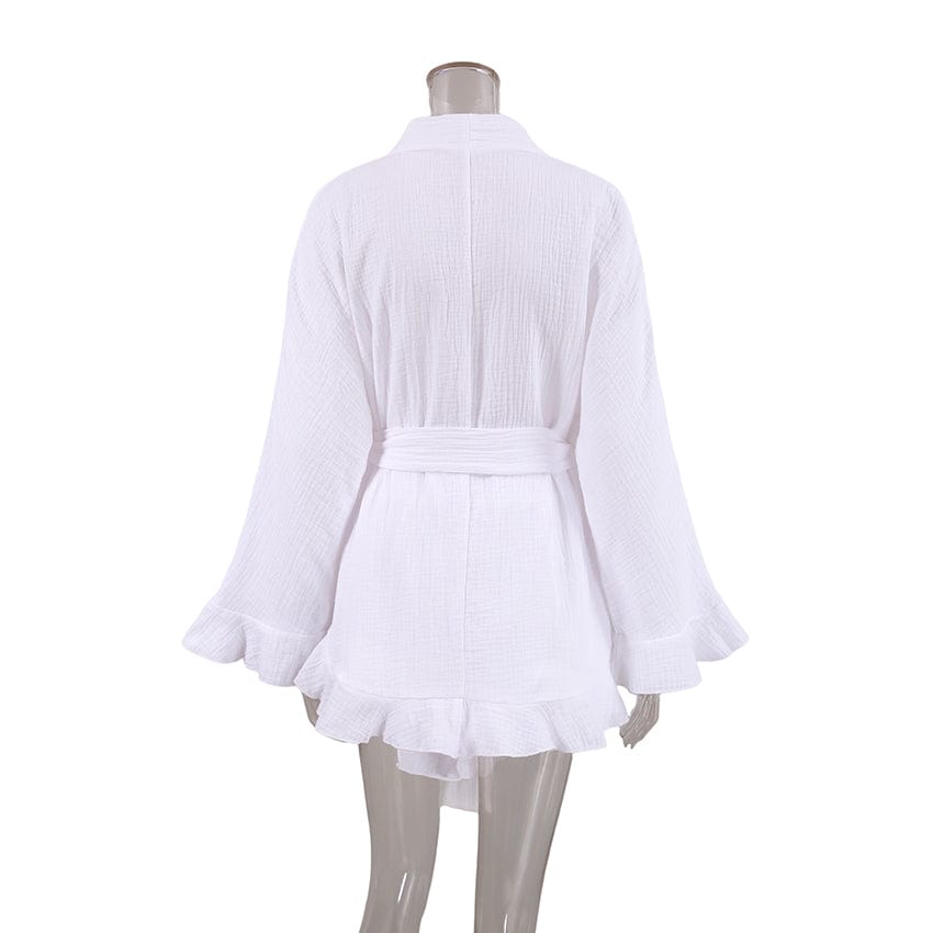 OOTN Cotton Long Sleeve Pajamas Sashes Loose Suits With Shorts 2023 Spring Casual Ruffle Women's Nightwear White 2 Piece Sets