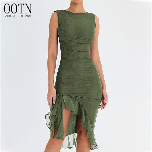 OOTN Ladies New Backless Sleeveless Irregular Club Party Sexy Dress Elegant Ruffle Ruched Midi Dress Women hot summer products