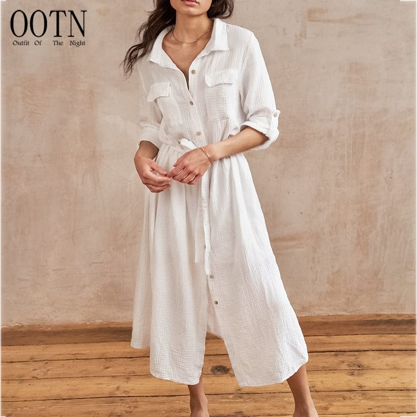 OOTN Long Sleeves Office Buttons Cardigan Shirts Dress Elegant Slim Summer Women Fashion Cotton Dresses casual dresses modest
