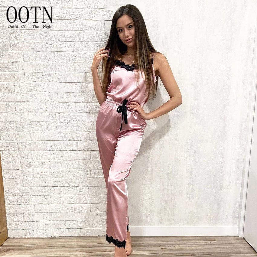 OOTN Nightwear Sleeveless Tops+Shorts 2 Pcs Sets Pyjama Sets For Women Pijama Women's Sleepwear Sexy Lace Satin Pajama Sets