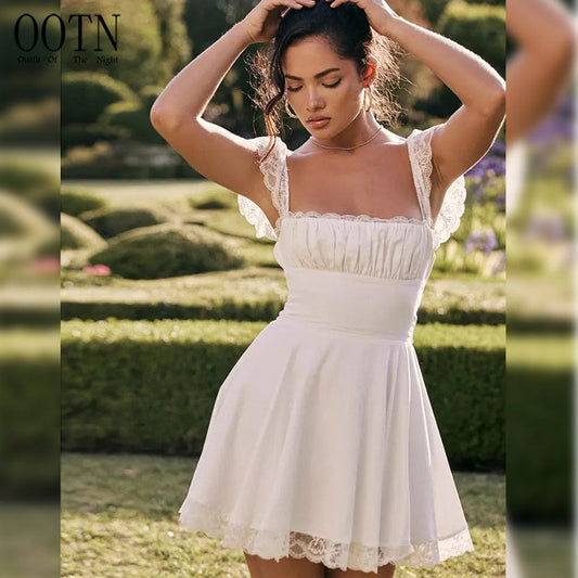 OOTN Open Back Strap Sleeveless Girl Summer Elegant Strap Sexy Beach Party Dress Women Fashion Long Lace Dress