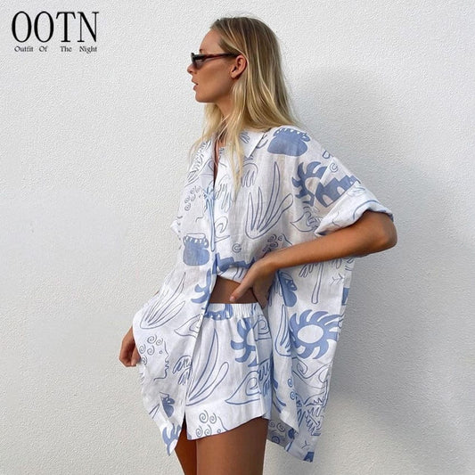 OOTN Outfits Pattern Printed Lapel Tops + Elastic Waist Shorts Mini Shorts Set short sleeve lounge wear pajamas women sleepwear