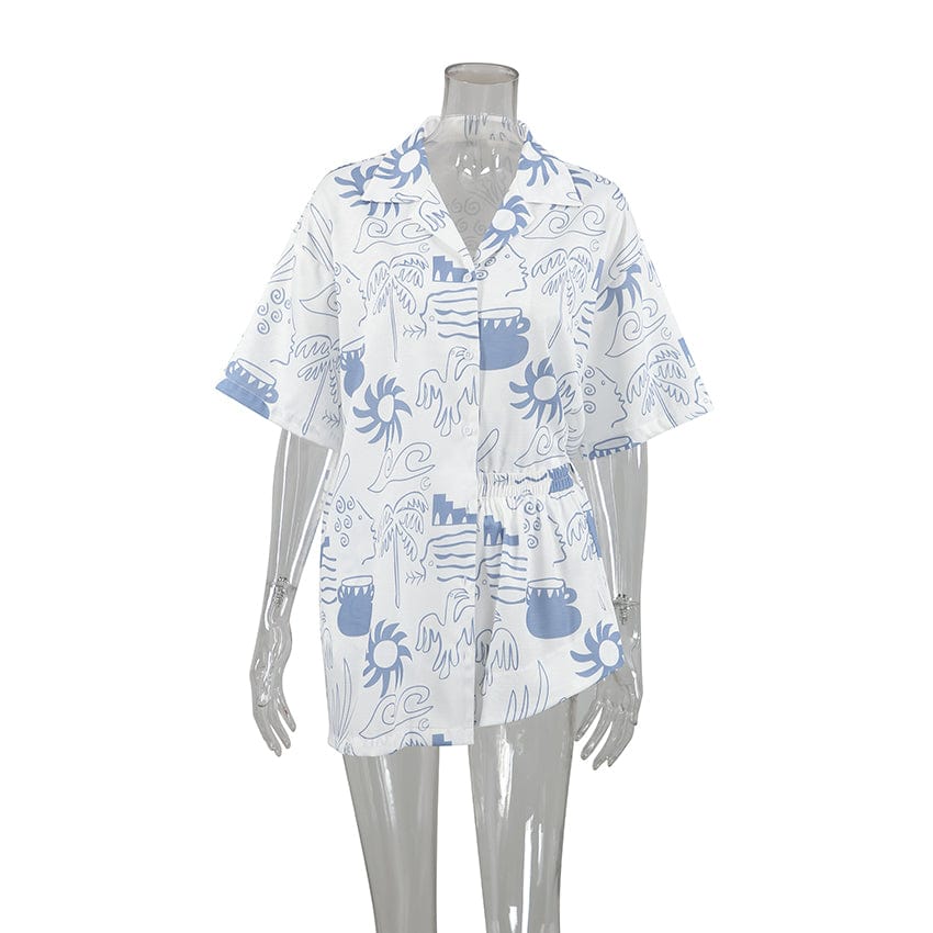 OOTN Outfits Pattern Printed Lapel Tops + Elastic Waist Shorts Mini Shorts Set short sleeve lounge wear pajamas women sleepwear