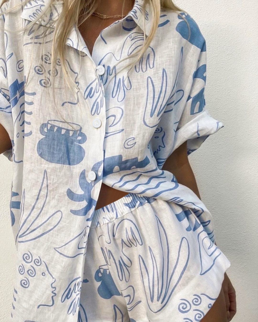 OOTN Outfits Pattern Printed Lapel Tops + Elastic Waist Shorts Mini Shorts Set short sleeve lounge wear pajamas women sleepwear