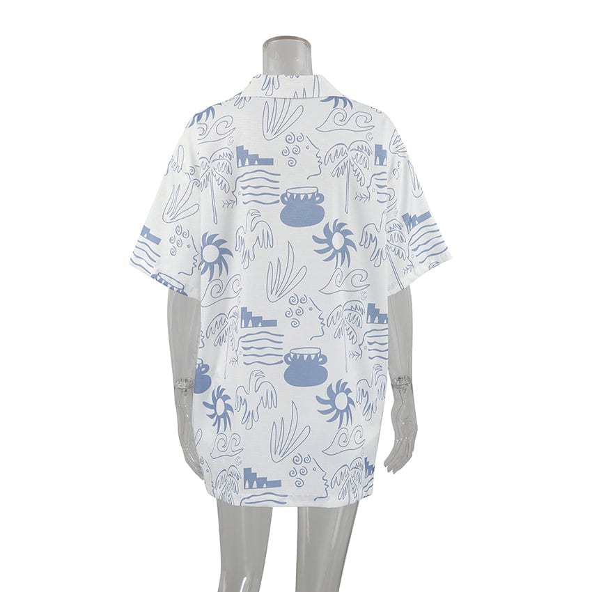 OOTN Outfits Pattern Printed Lapel Tops + Elastic Waist Shorts Mini Shorts Set short sleeve lounge wear pajamas women sleepwear