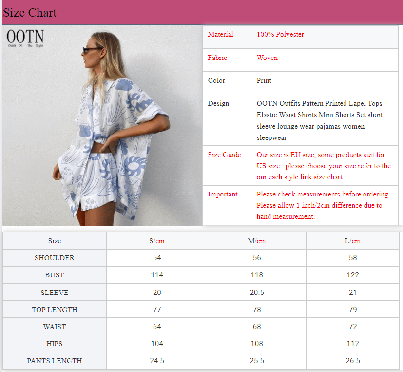 OOTN Outfits Pattern Printed Lapel Tops + Elastic Waist Shorts Mini Shorts Set short sleeve lounge wear pajamas women sleepwear