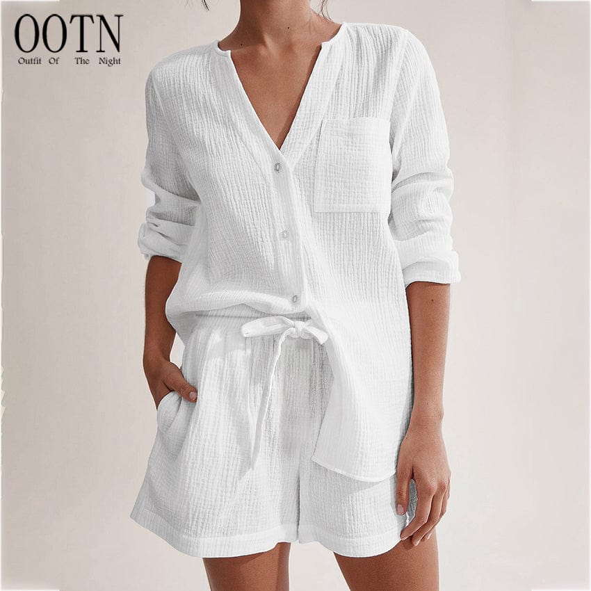 OOTN Pocket Nightwear Single Breasted Women's Nightgown Full Sleeve Women Pajama 100%Cotton Autumn Sleepwear Suits With Shorts