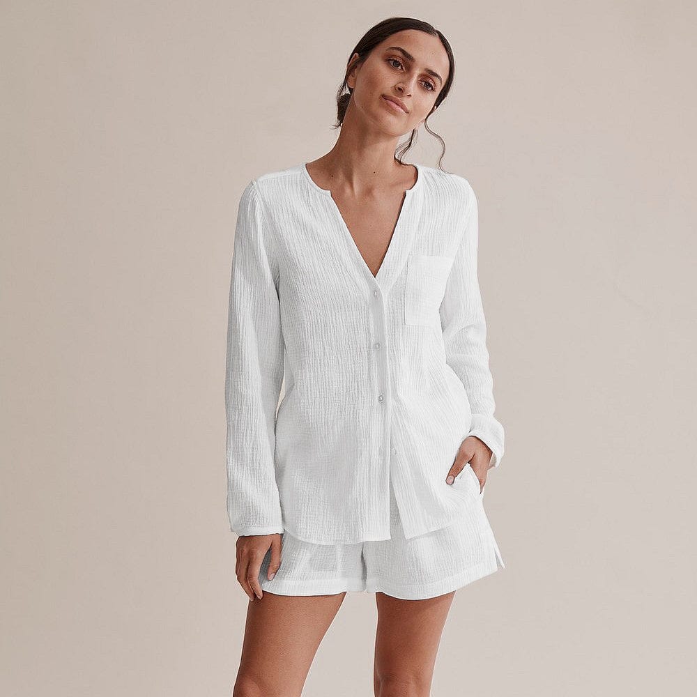 OOTN Pocket Nightwear Single Breasted Women's Nightgown Full Sleeve Women Pajama 100%Cotton Autumn Sleepwear Suits With Shorts