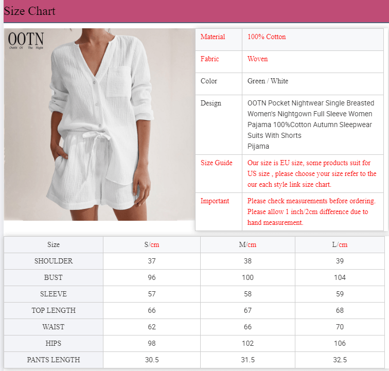OOTN Pocket Nightwear Single Breasted Women's Nightgown Full Sleeve Women Pajama 100%Cotton Autumn Sleepwear Suits With Shorts