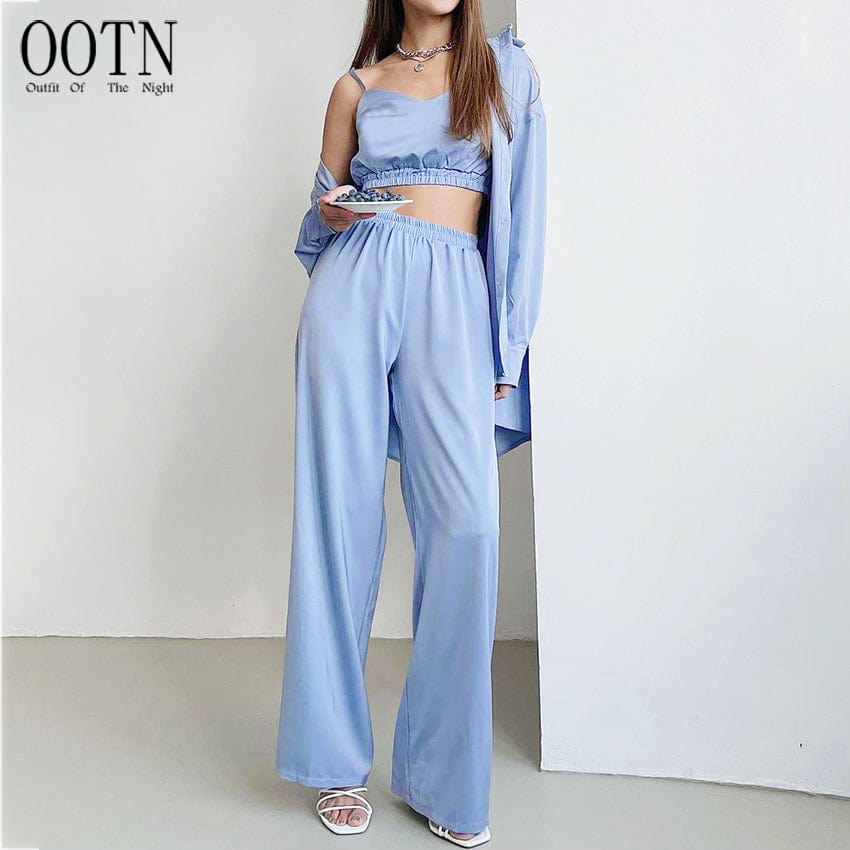 OOTN Satin Robe Set Woman 3 Pieces Long Sleeve Women Set Spaghetti Strap Crop Top Robes Women High Waist Trouser Suits