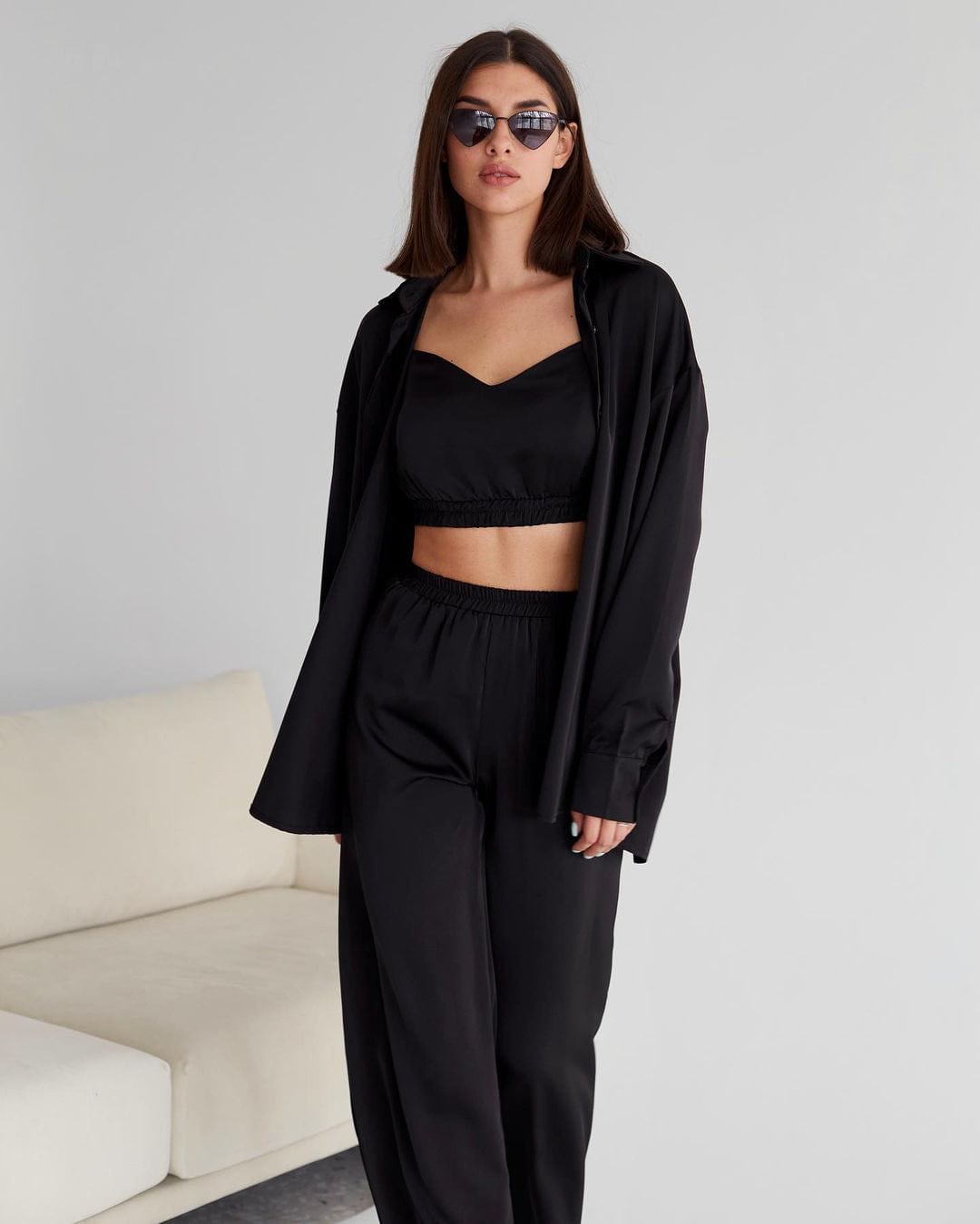 OOTN Satin Robe Set Woman 3 Pieces Long Sleeve Women Set Spaghetti Strap Crop Top Robes Women High Waist Trouser Suits