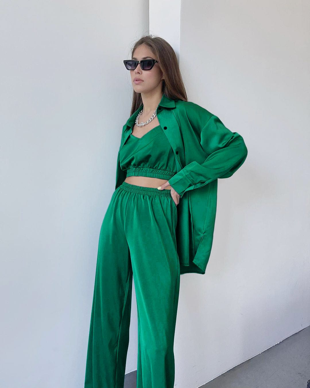 OOTN Satin Robe Set Woman 3 Pieces Long Sleeve Women Set Spaghetti Strap Crop Top Robes Women High Waist Trouser Suits