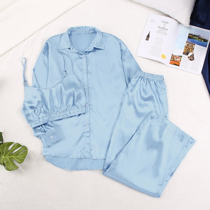 OOTN Satin Robe Set Woman 3 Pieces Long Sleeve Women Set Spaghetti Strap Crop Top Robes Women High Waist Trouser Suits