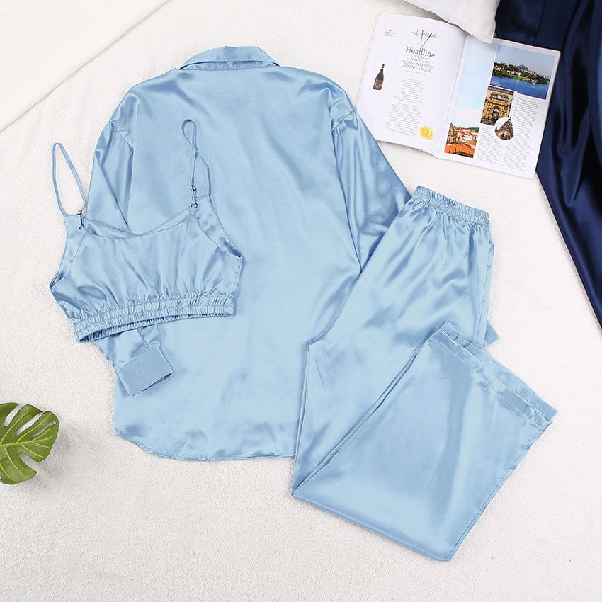 OOTN Satin Robe Set Woman 3 Pieces Long Sleeve Women Set Spaghetti Strap Crop Top Robes Women High Waist Trouser Suits