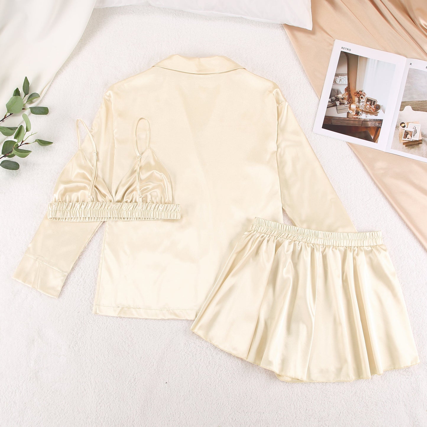 OOTN Sexy Shorts Pijama Robes Women Pajama Sets Nightgowns Woman 3 Pieces Ruched Robe Women's Pajamas Champagne Bathrobes Set