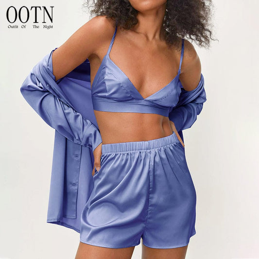 OOTN Sexy Suits With Shorts Pijama Robes Women Pajama Sets Nightgowns  Bathrobes Set Woman 3 Pieces Simple Robe Women's Pajamas