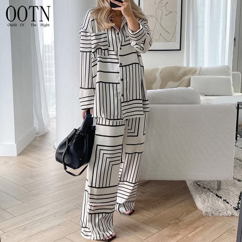 OOTN Single-Breasted Print Casual Home Suit Female Lapel Irregular Stripe Button two piece set women clothing 2023 spring