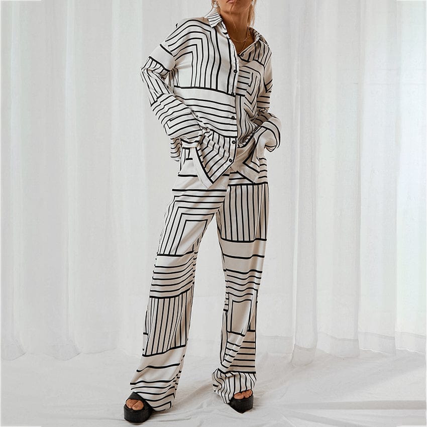 OOTN Single-Breasted Print Casual Home Suit Female Lapel Irregular Stripe Button two piece set women clothing 2023 spring