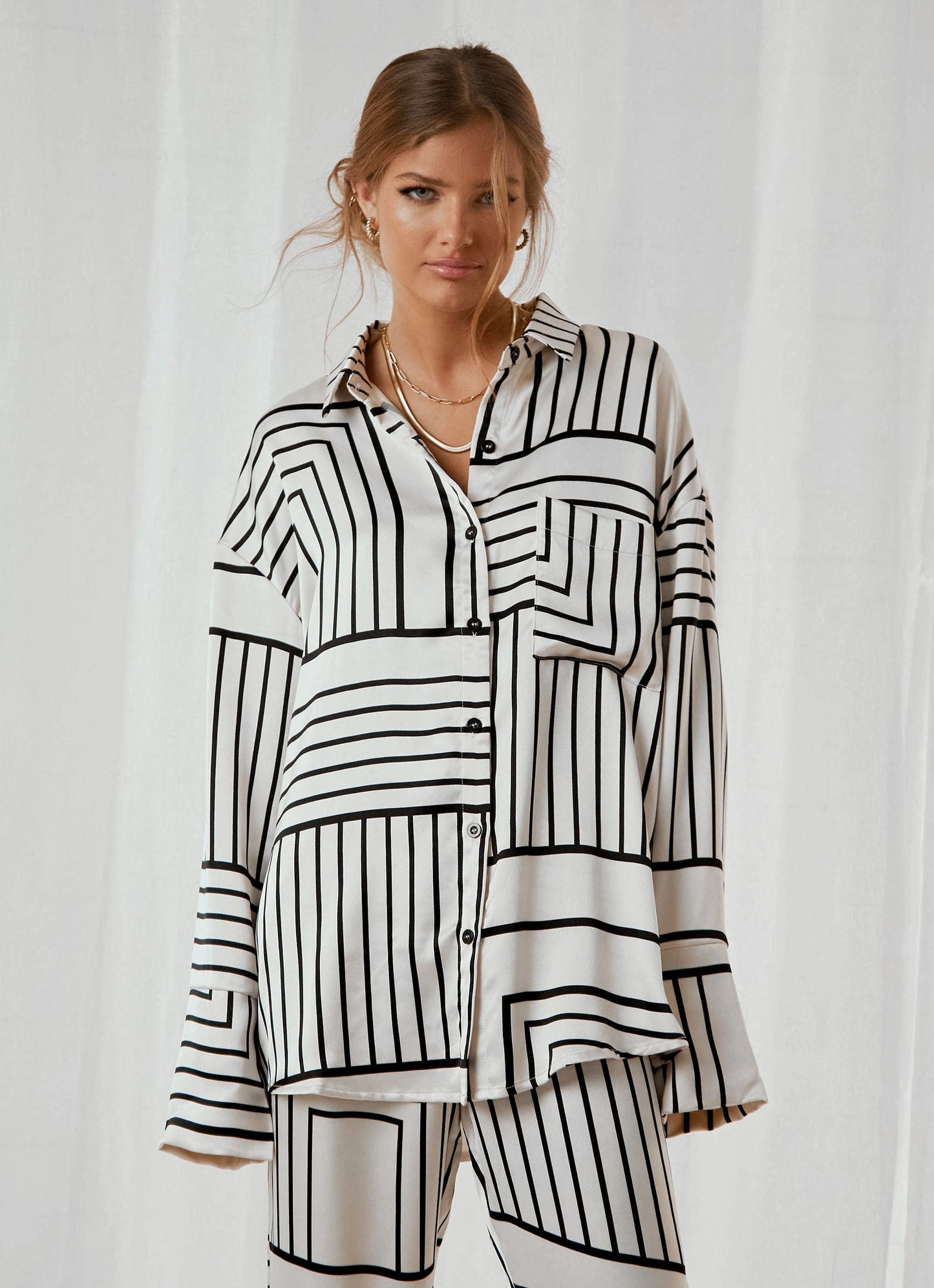 OOTN Single-Breasted Print Casual Home Suit Female Lapel Irregular Stripe Button two piece set women clothing 2023 spring