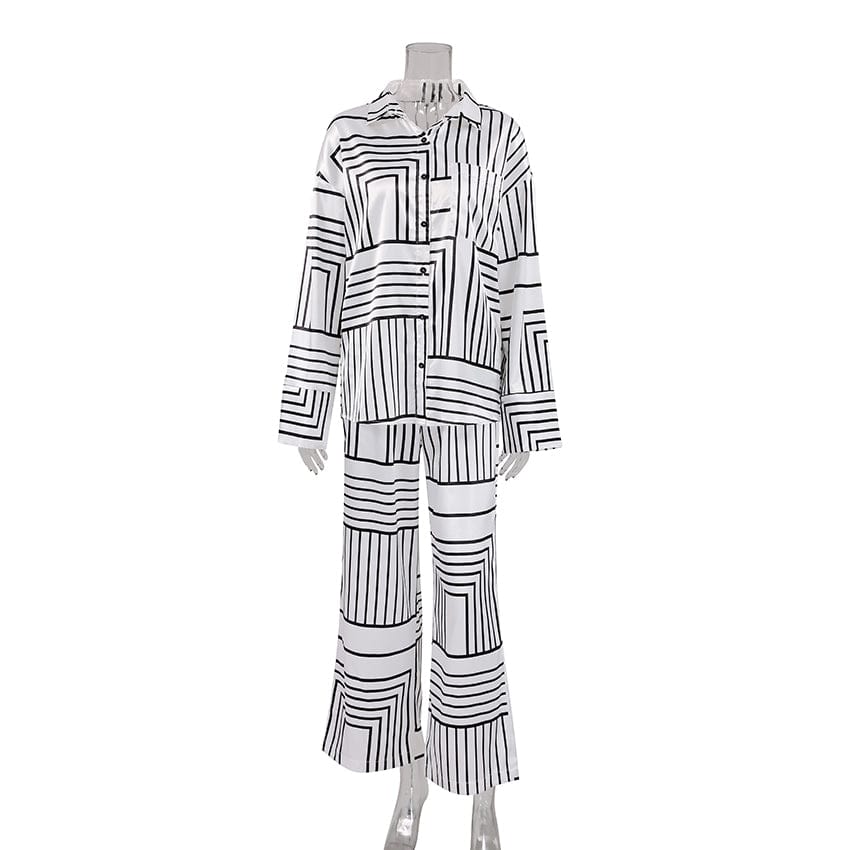 OOTN Single-Breasted Print Casual Home Suit Female Lapel Irregular Stripe Button two piece set women clothing 2023 spring