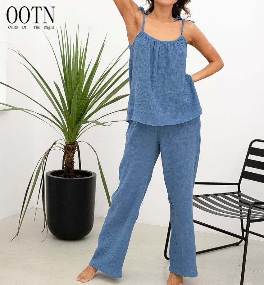 OOTN Solid 2023 Autumn Nightwear Spaghetti Strap Casual Sleepwear Female Trouser Suits Cotton Pajamas For Women 2 Piece Sets