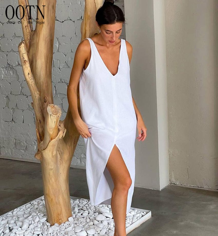 OOTN Split Solid Female Nightwear Cotton 2023 Spring Woman Dresses Women Loose V Neck Sleeveless Sleepwear Casual Night Dress