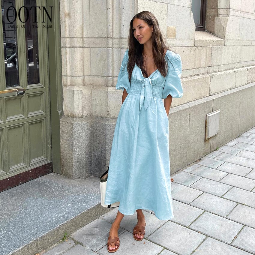 OOTN Vacation Lady Boho Casual Dress Summer 2023 Women Twist V-Neck Cotton Linen Dress Light Blue Puff Sleeve Tunic Dress