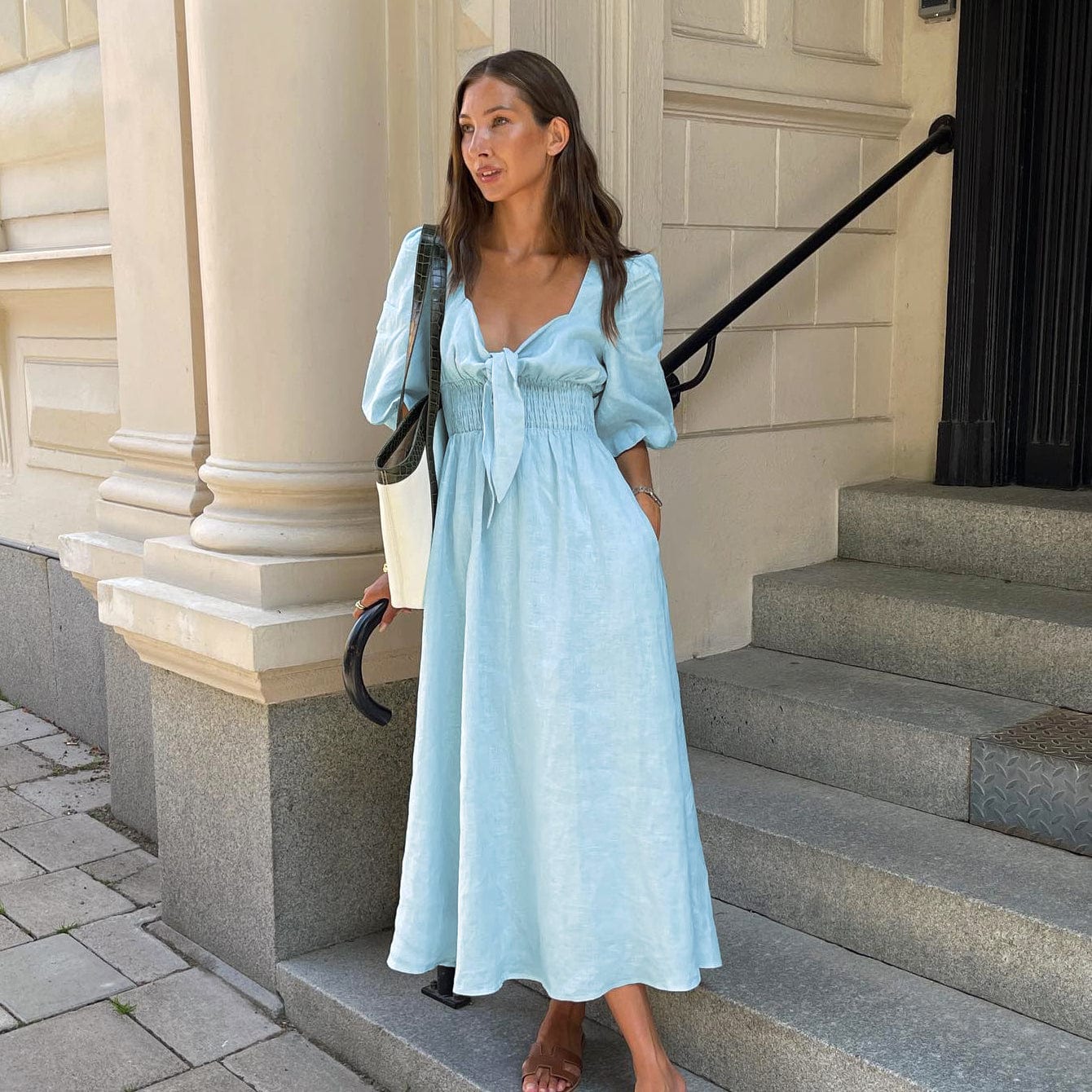 OOTN Vacation Lady Boho Casual Dress Summer 2023 Women Twist V-Neck Cotton Linen Dress Light Blue Puff Sleeve Tunic Dress