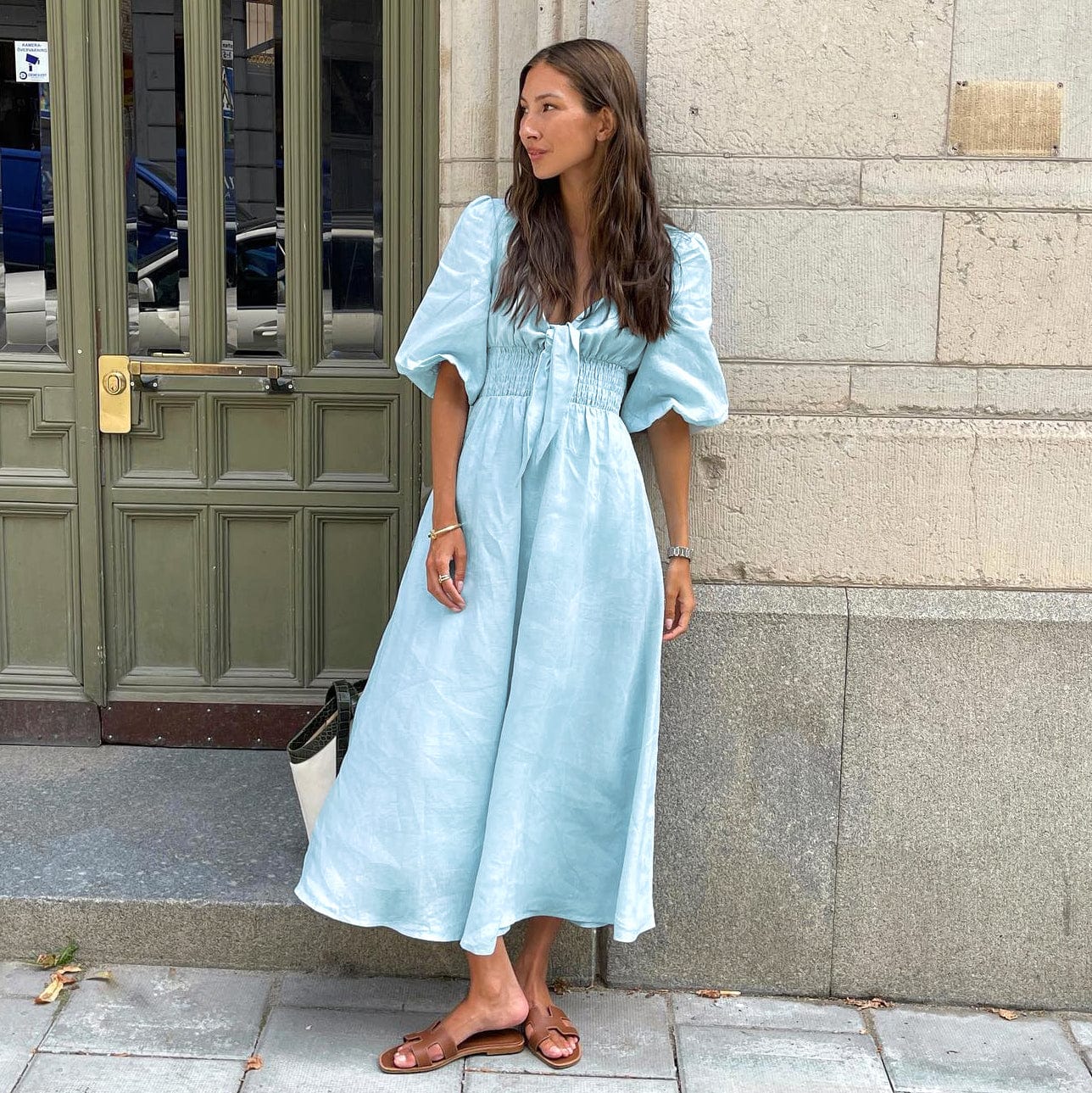 OOTN Vacation Lady Boho Casual Dress Summer 2023 Women Twist V-Neck Cotton Linen Dress Light Blue Puff Sleeve Tunic Dress