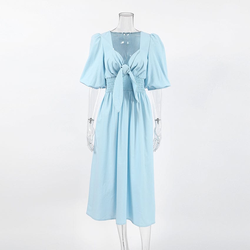 OOTN Vacation Lady Boho Casual Dress Summer 2023 Women Twist V-Neck Cotton Linen Dress Light Blue Puff Sleeve Tunic Dress