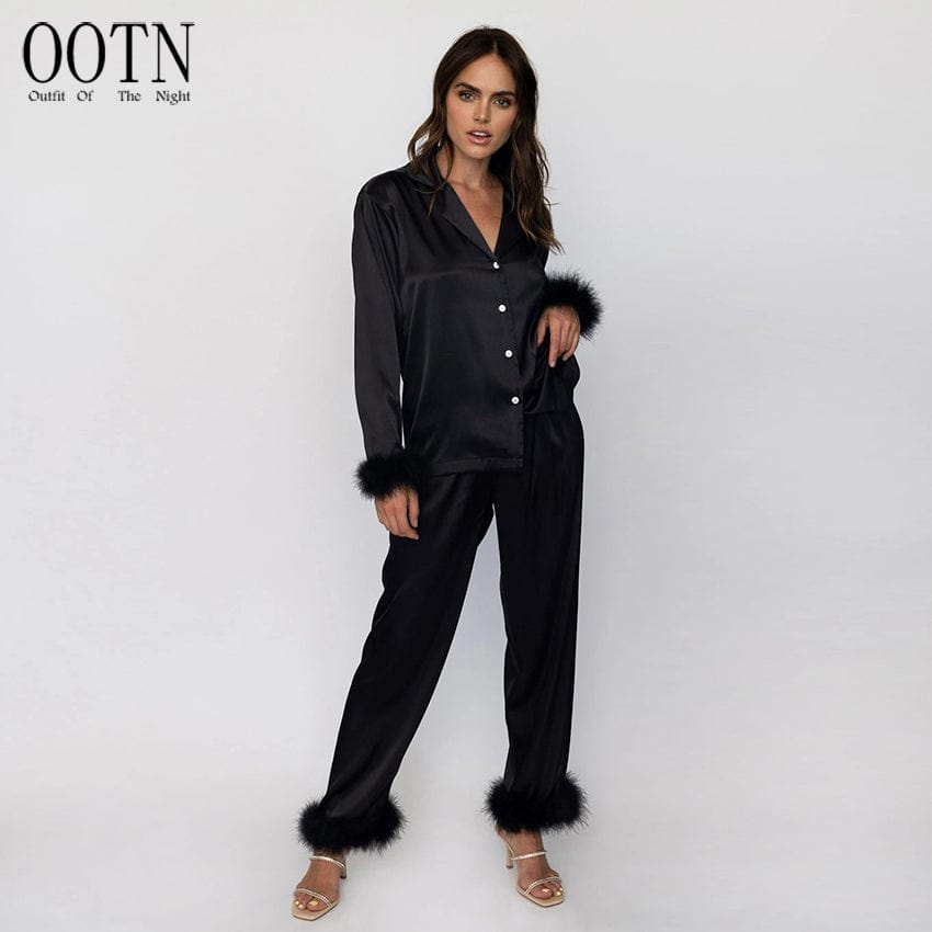 OOTN White Single Breasted Women's Nightwear Black Satin Pyjama Solid Turn-Down Collar Home Wear Patchwork Feather Pajama Sets