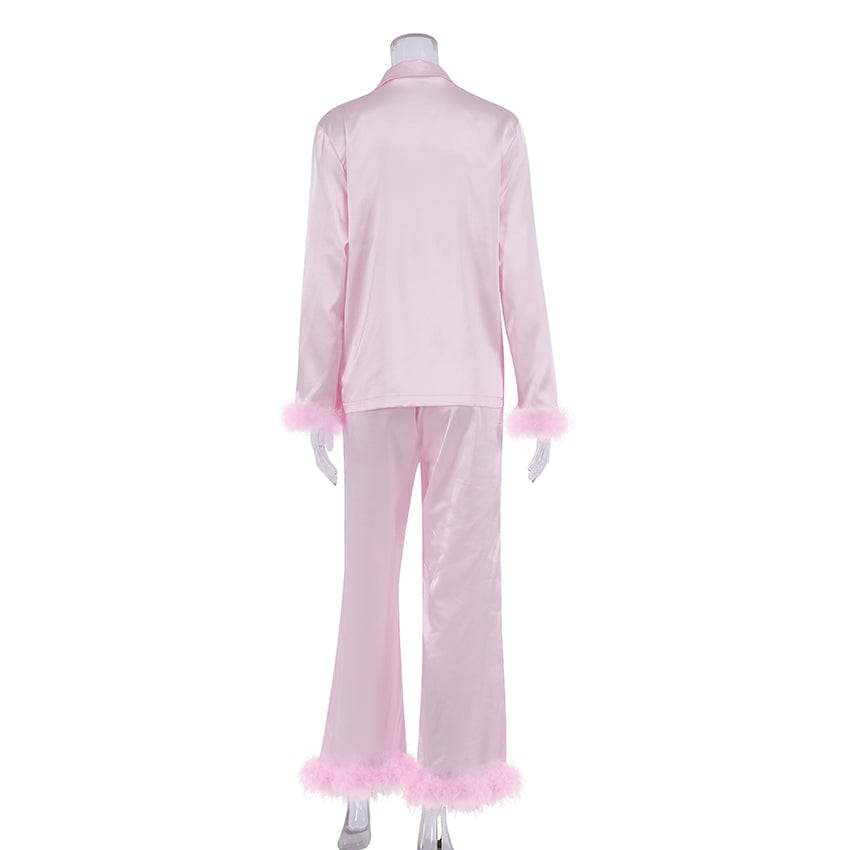 OOTN White Single Breasted Women's Nightwear Black Satin Pyjama Solid Turn-Down Collar Home Wear Patchwork Feather Pajama Sets