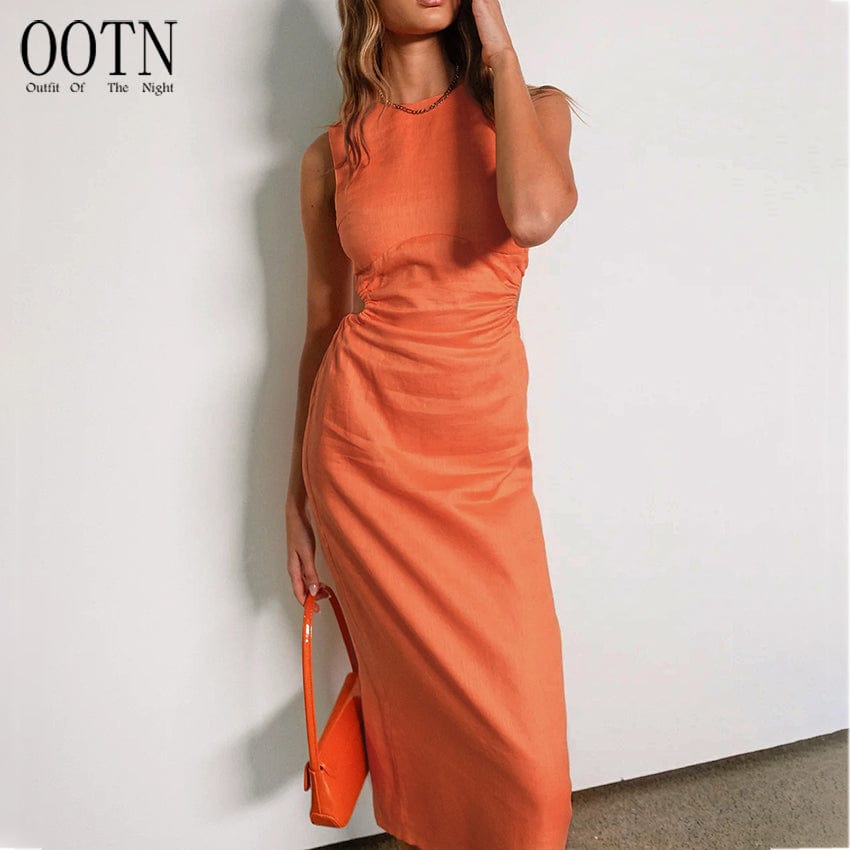 OOTN Women Cotton Linen Pencil Dresses 2023 Summer Sleeveless Hollow Out Dresses Elegant High Waist O Neck Long other dresses