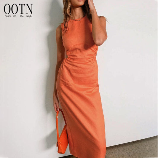 OOTN Women Cotton Linen Pencil Dresses 2023 Summer Sleeveless Hollow Out Dresses Elegant High Waist O Neck Long other dresses