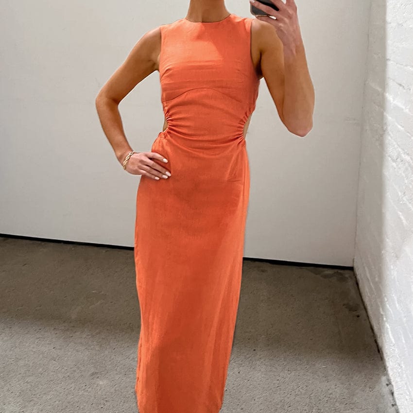 OOTN Women Cotton Linen Pencil Dresses 2023 Summer Sleeveless Hollow Out Dresses Elegant High Waist O Neck Long other dresses