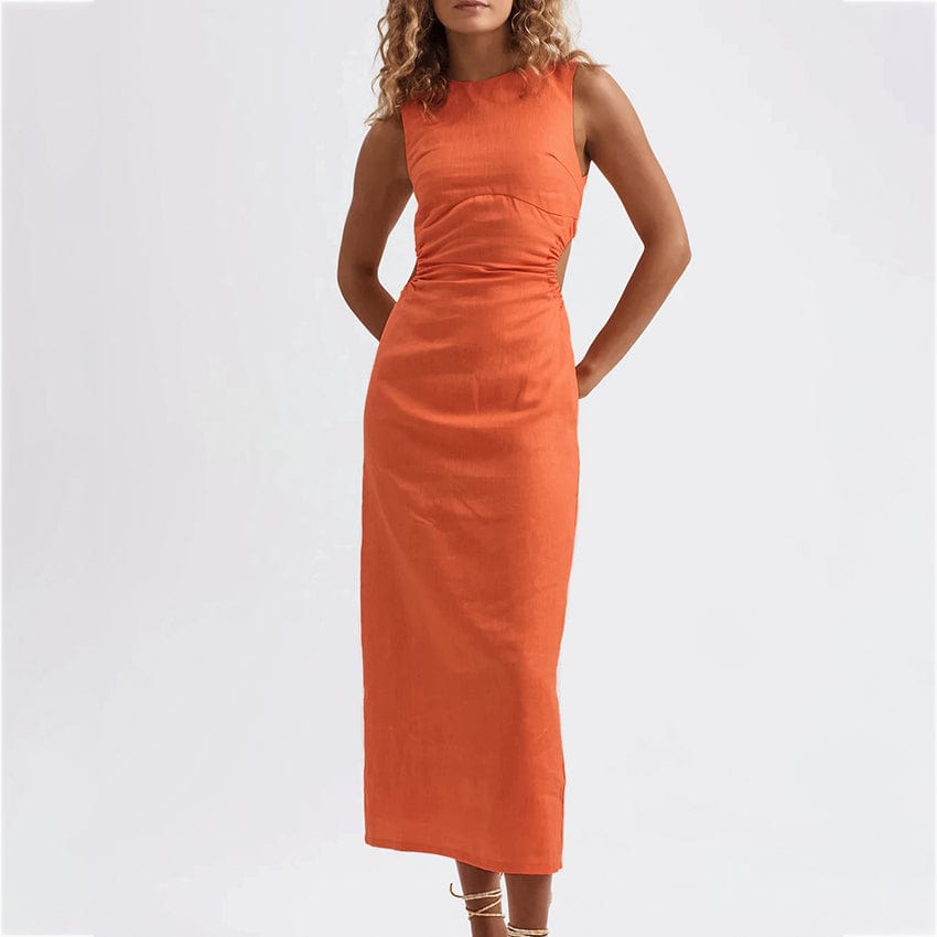 OOTN Women Cotton Linen Pencil Dresses 2023 Summer Sleeveless Hollow Out Dresses Elegant High Waist O Neck Long other dresses