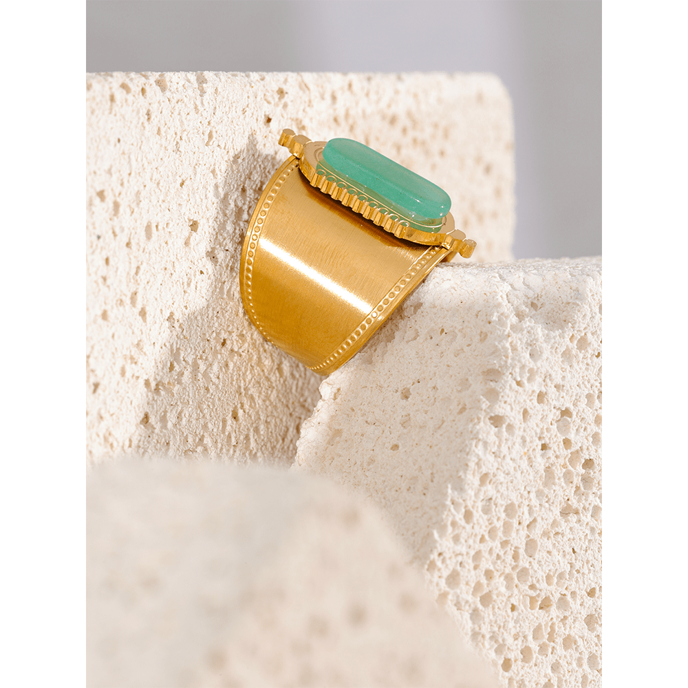 Open / YH062A JINYOU 062 Stainless Steel Green Natural Stone Wide Open Ring for Summer Women Fashion Trendy Gold Color Bague En Acier