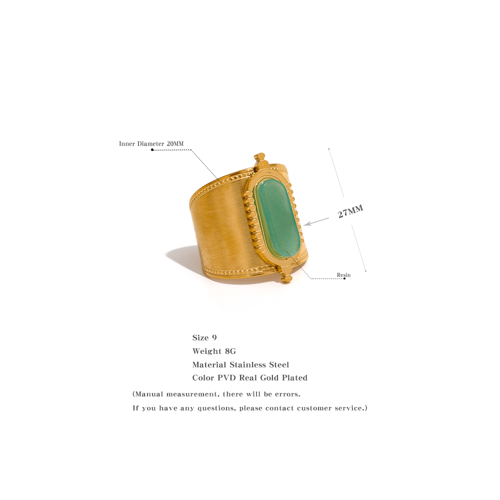Open / YH062A JINYOU 062 Stainless Steel Green Natural Stone Wide Open Ring for Summer Women Fashion Trendy Gold Color Bague En Acier