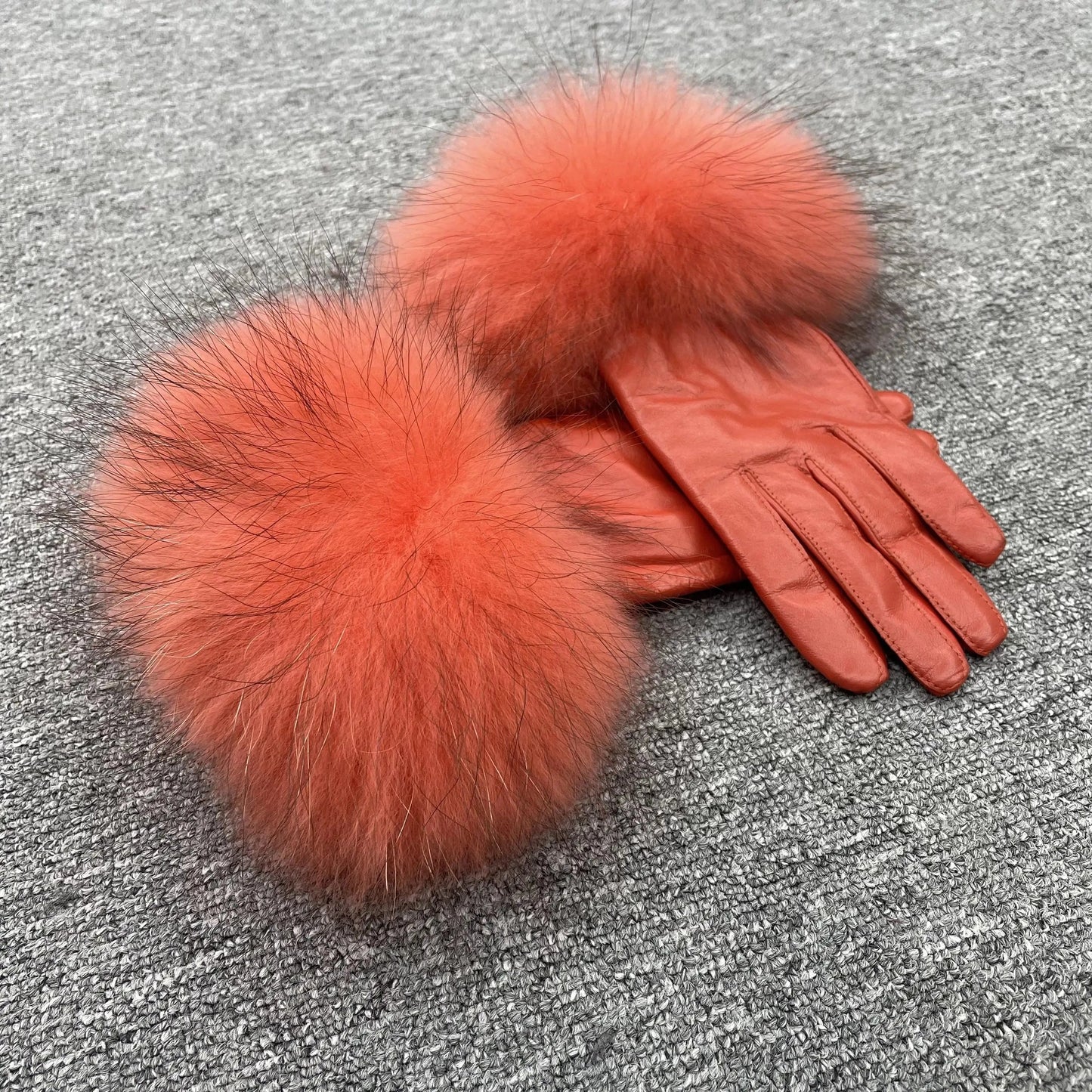 orange Modern Style Beautiful Design Colorful Raccoon Fur Cuff Genuine Leather Gloves For Women