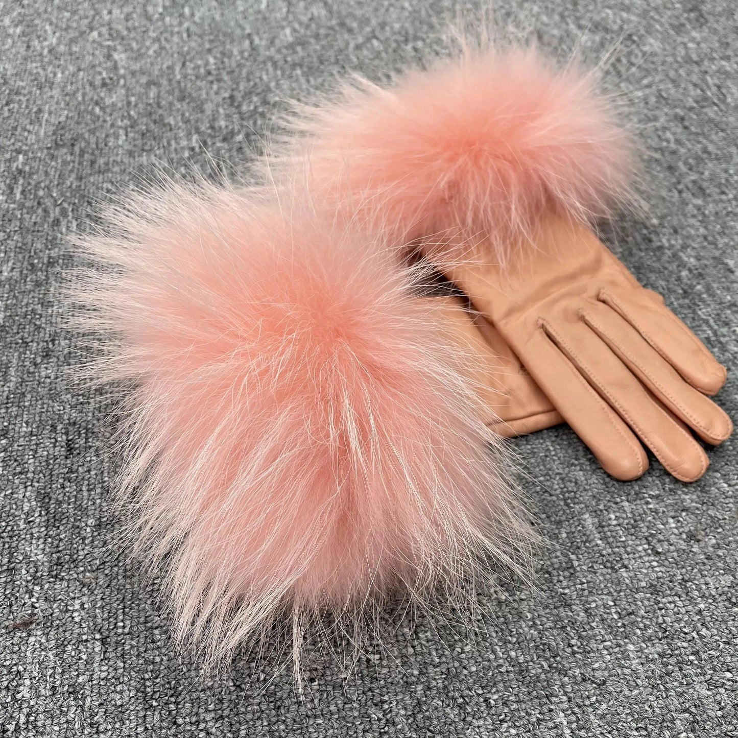 orange pink Modern Style Beautiful Design Colorful Raccoon Fur Cuff Genuine Leather Gloves For Women