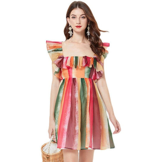 OS456069 Rainbow striped crystal gauze square neck strapless dress Slim-fit gathered high-waisted gauze skirt