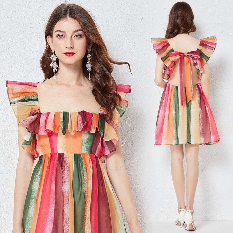 OS456069 Rainbow striped crystal gauze square neck strapless dress Slim-fit gathered high-waisted gauze skirt
