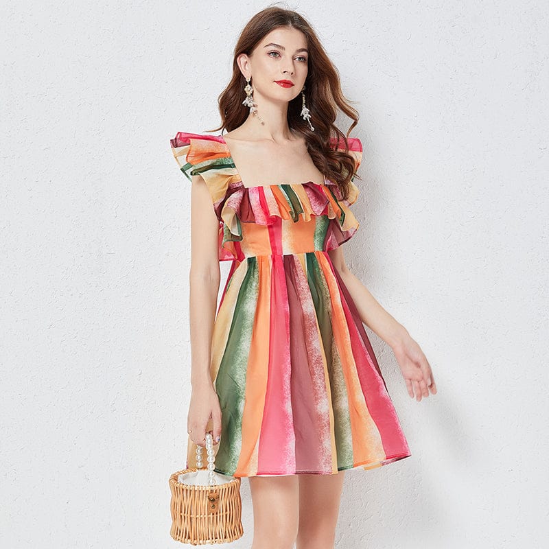 OS456069 Rainbow striped crystal gauze square neck strapless dress Slim-fit gathered high-waisted gauze skirt
