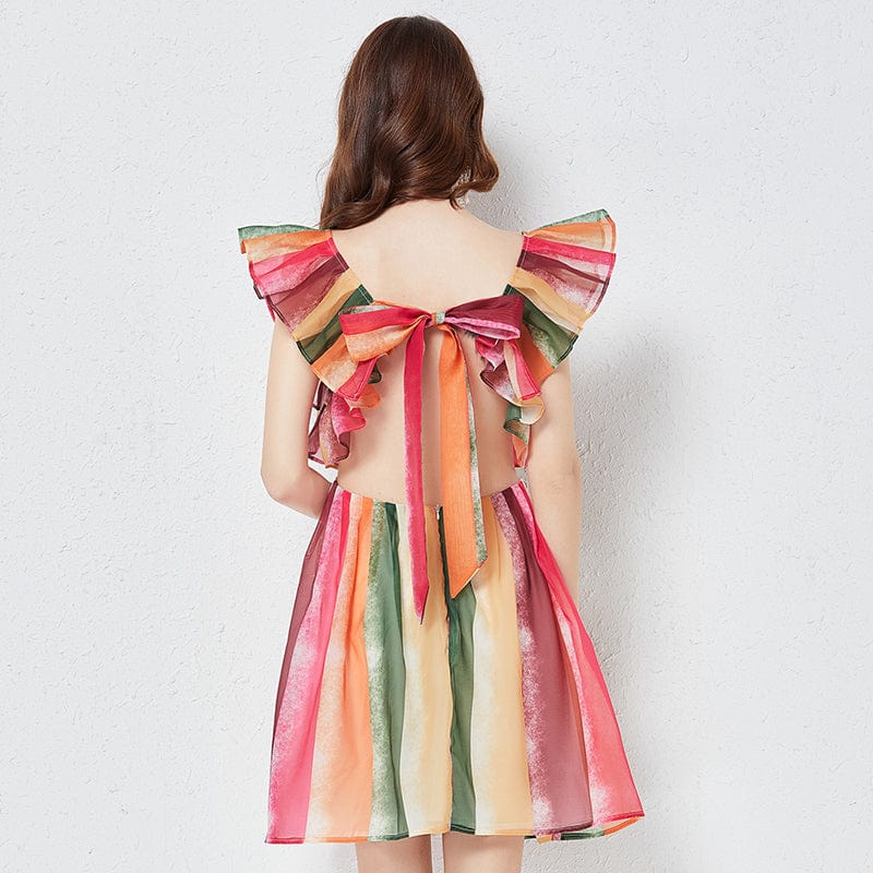 OS456069 Rainbow striped crystal gauze square neck strapless dress Slim-fit gathered high-waisted gauze skirt