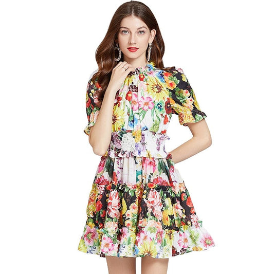 OS463045 Three-color printing contrast color lotus leaf small high-neck elastic high-waist dress Slim short-sleeved skirt
