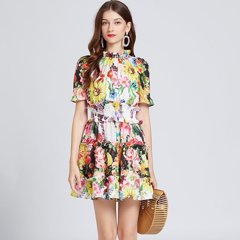 OS463045 Three-color printing contrast color lotus leaf small high-neck elastic high-waist dress Slim short-sleeved skirt