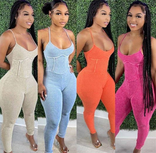 OSINA Hot Sale V Neck Autumn Spaghetti Strap  Solid Color Leather Women Bodycon Jumpsuits